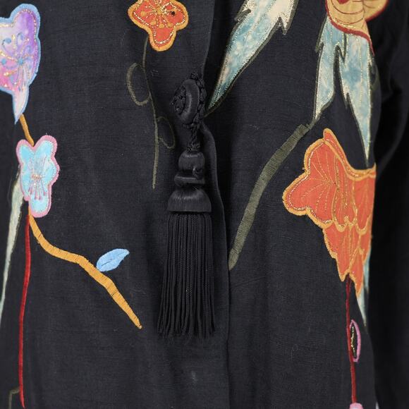 Entice Jacket Womens 10 Black Orange Floral Applique Embroidery Snaps Tassel Vtg - Picture 10 of 13